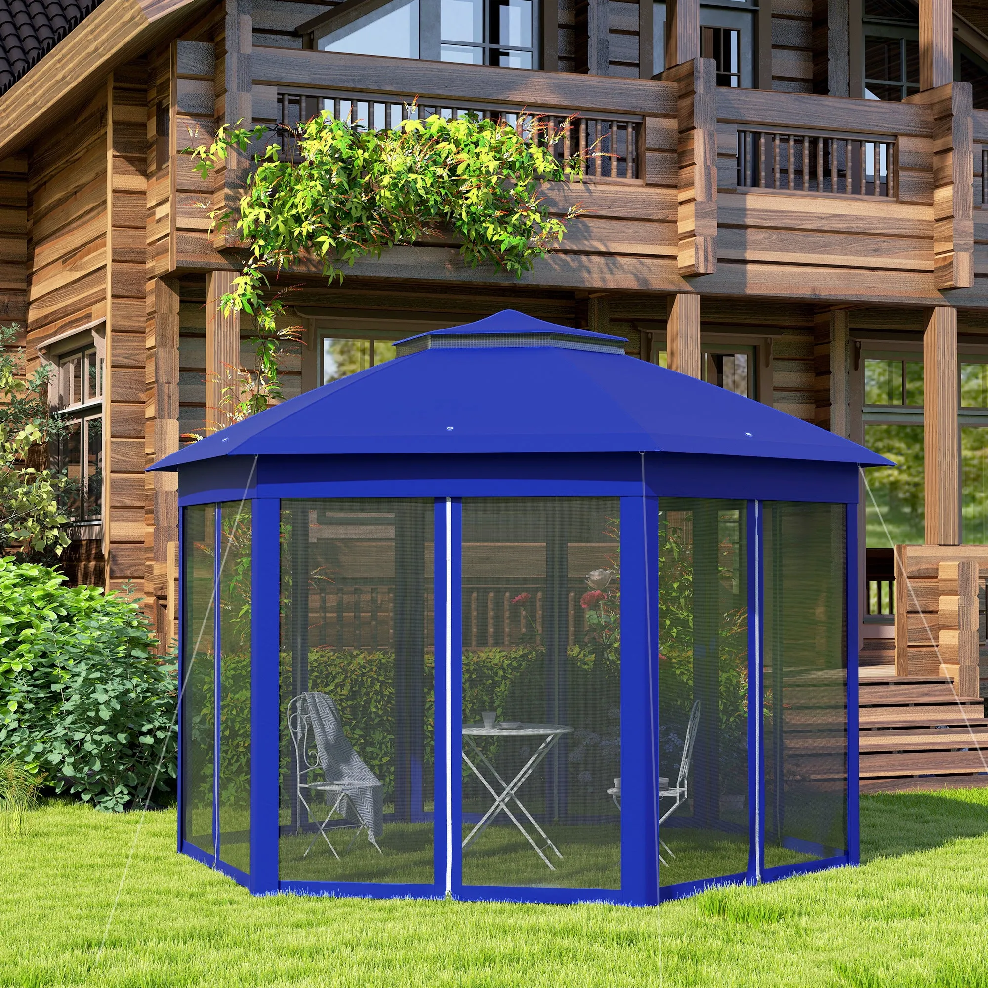 13' x 13' Hexagonal Pop-Up Gazebo Shelter with 6 Zippered Mesh Netting, Dark Blue and Black