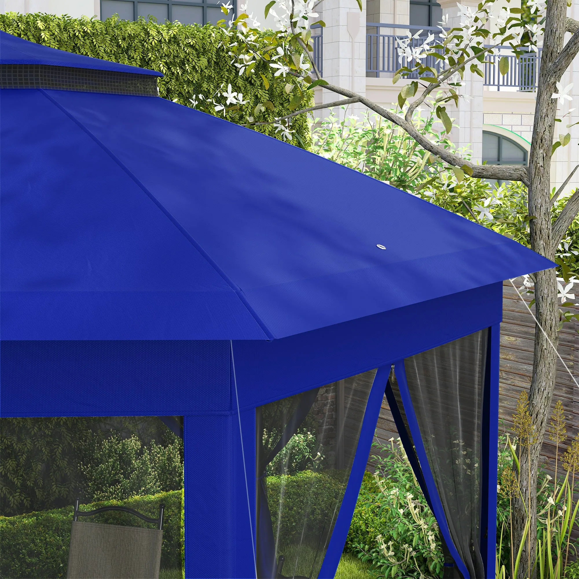 13' x 13' Hexagonal Pop-Up Gazebo Shelter with 6 Zippered Mesh Netting, Dark Blue and Black