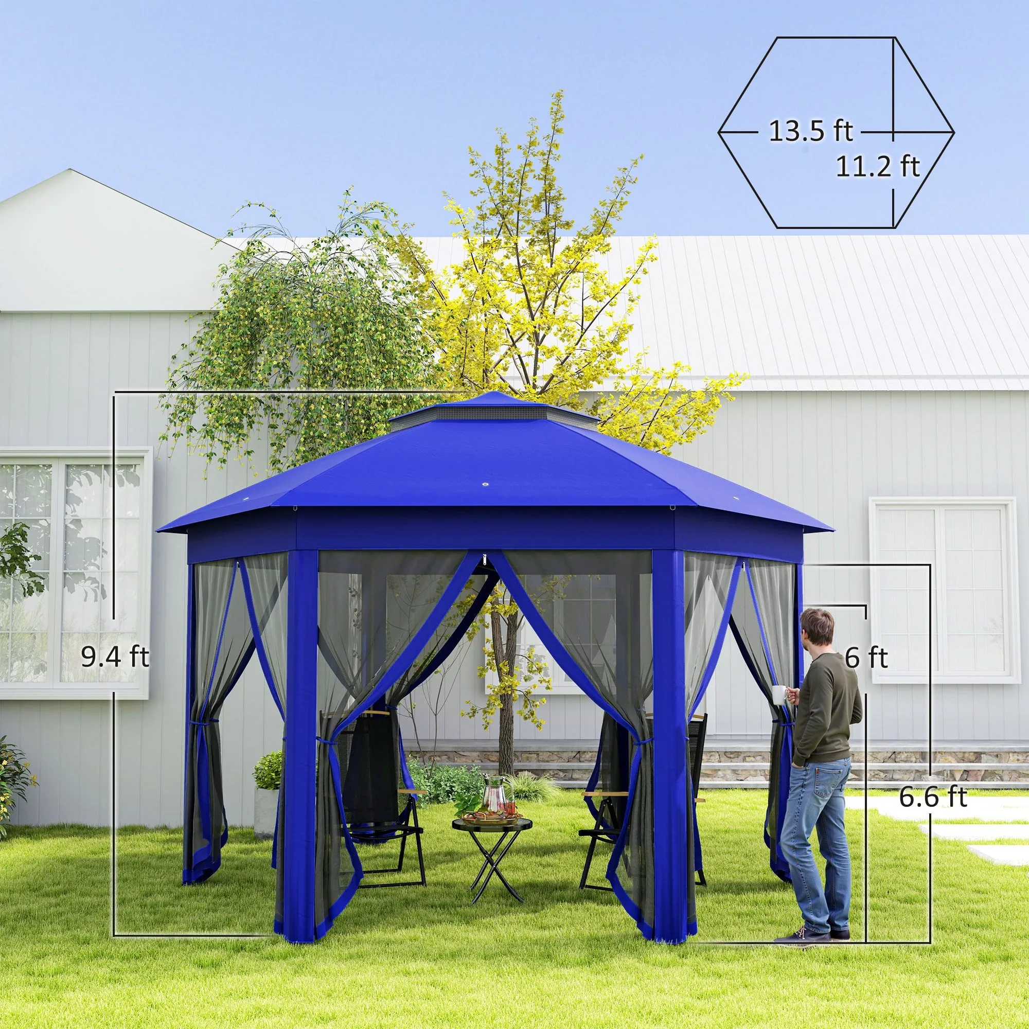 13' x 13' Hexagonal Pop-Up Gazebo Shelter with 6 Zippered Mesh Netting, Dark Blue and Black