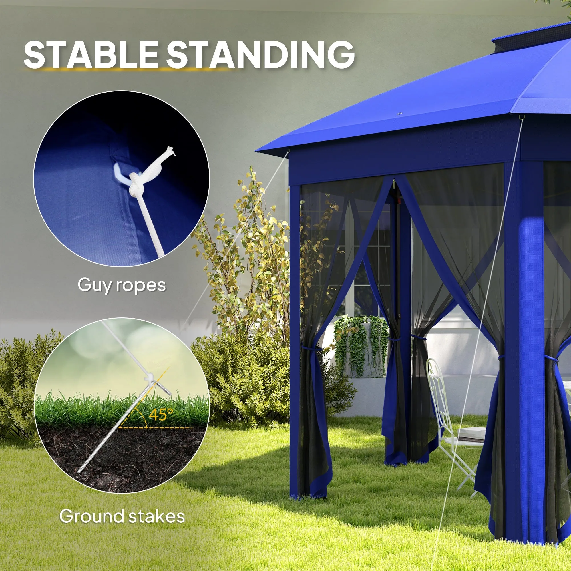 13' x 13' Hexagonal Pop-Up Gazebo Shelter with 6 Zippered Mesh Netting, Dark Blue and Black