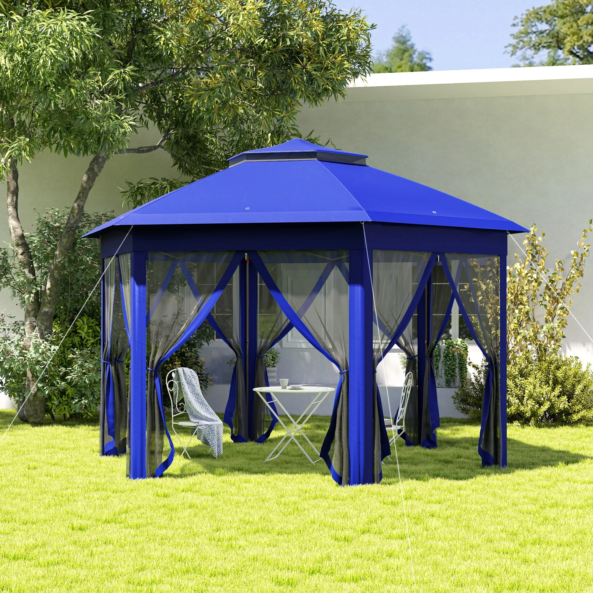 13' x 13' Hexagonal Pop-Up Gazebo Shelter with 6 Zippered Mesh Netting, Dark Blue and Black
