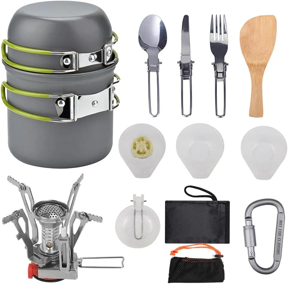 14 PCS Camping Cookware Mess Kit with Bag Camping Gear Campfire Utensils Lightweight Pot Pan Mini Stove for Backpacking, Outdoor Camping Hiking and Picnic