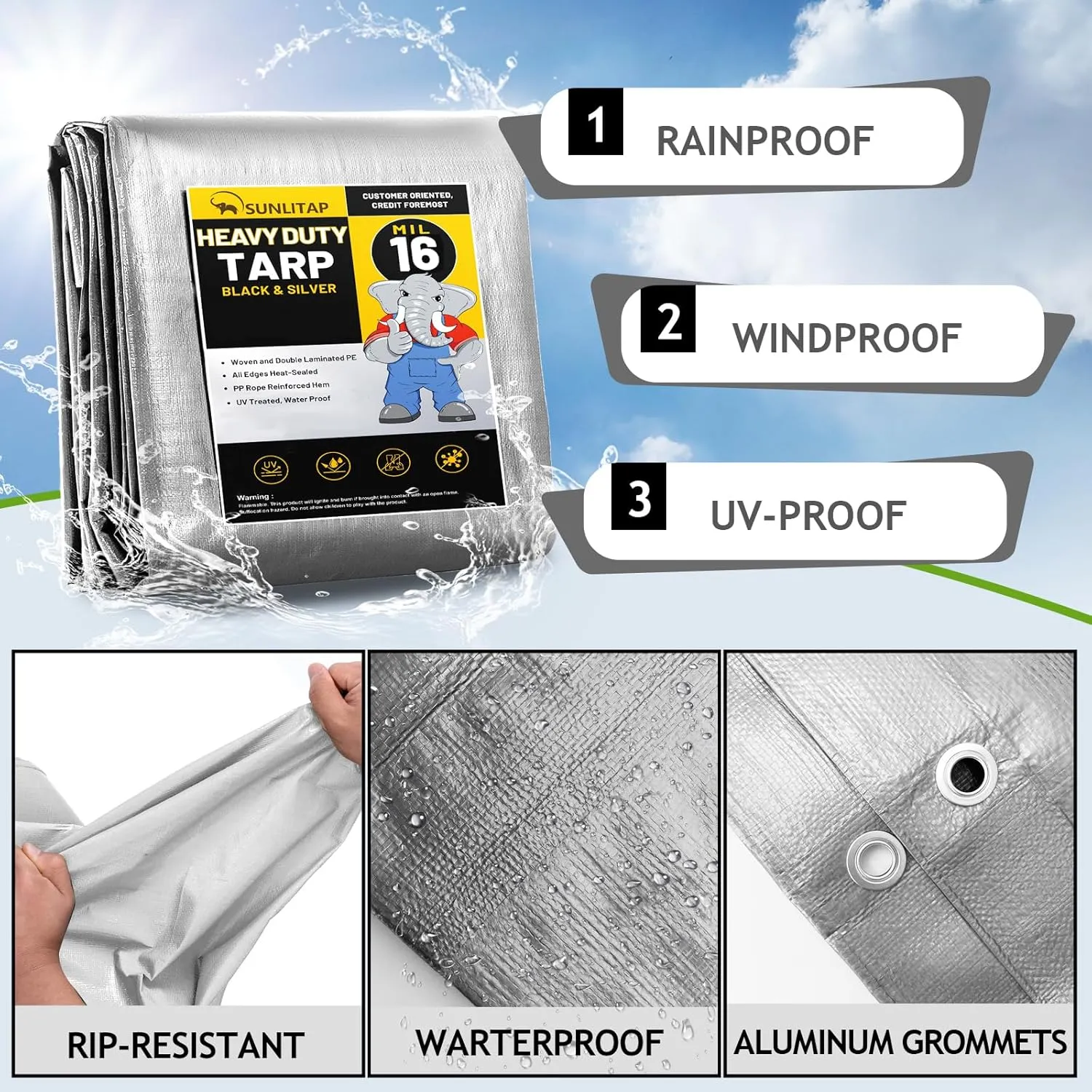 16 Mil Heavy Duty Waterproof Tarps, 10x12 Ft Finished Size Tarps, Premium Tarp with Metal Grommets & Reinforced Edge, Multipurpose Thick Tarp for Car, Boat, Roof, Camping - Silver