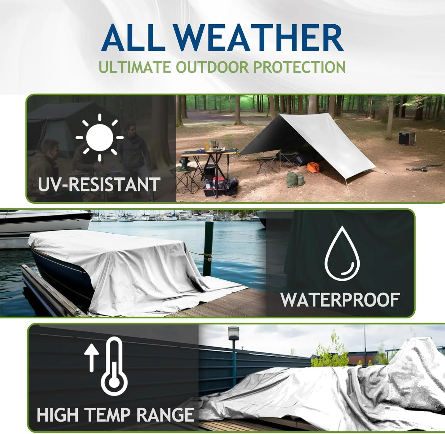 16 Mil Heavy Duty Waterproof Tarps, 10x12 Ft Finished Size Tarps, Premium Tarp with Metal Grommets & Reinforced Edge, Multipurpose Thick Tarp for Car, Boat, Roof, Camping - Silver