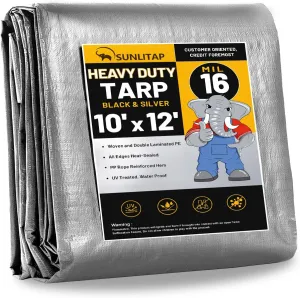 16 Mil Heavy Duty Waterproof Tarps, 10x12 Ft Finished Size Tarps, Premium Tarp with Metal Grommets & Reinforced Edge, Multipurpose Thick Tarp for Car, Boat, Roof, Camping - Silver