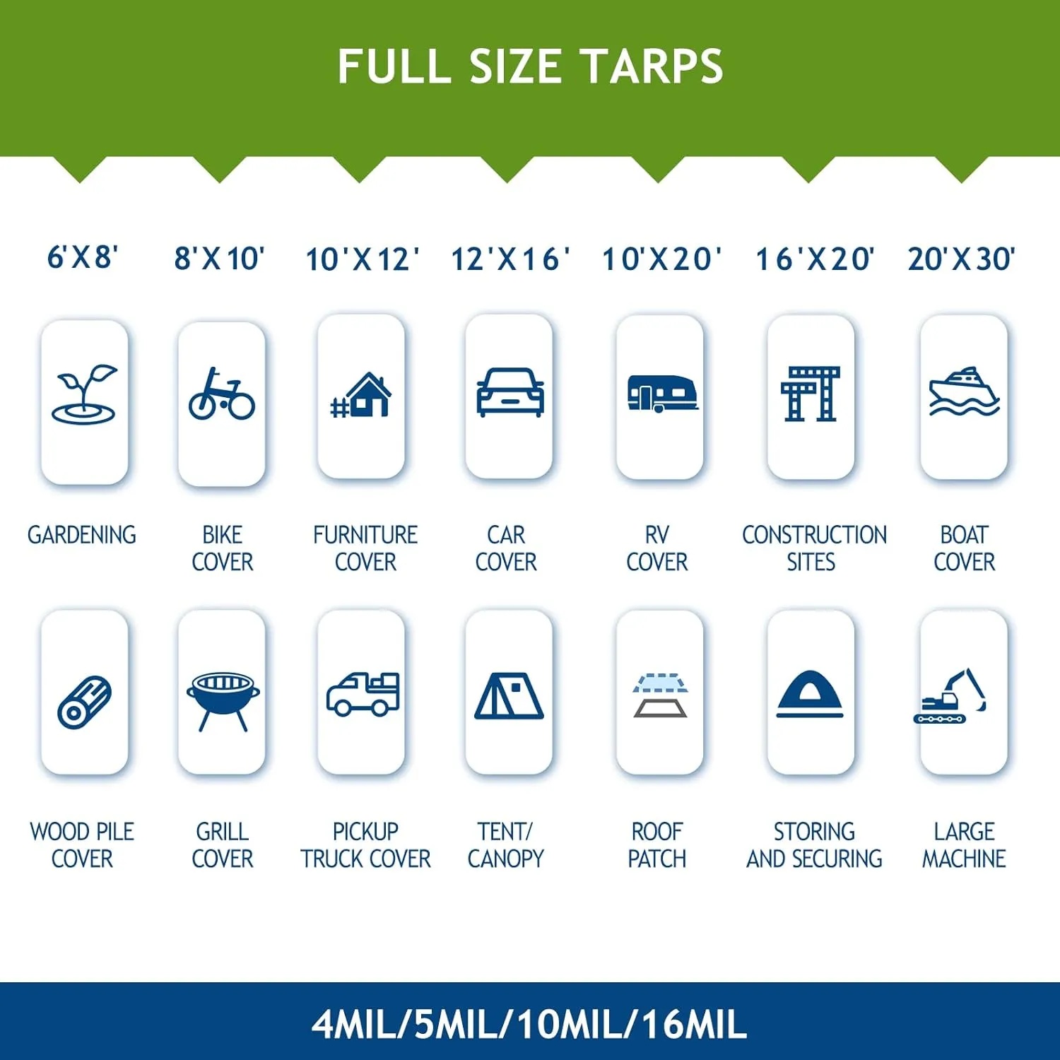 16 Mil Heavy Duty Waterproof Tarps, 10x12 Ft Finished Size Tarps, Premium Tarp with Metal Grommets & Reinforced Edge, Multipurpose Thick Tarp for Car, Boat, Roof, Camping - Silver