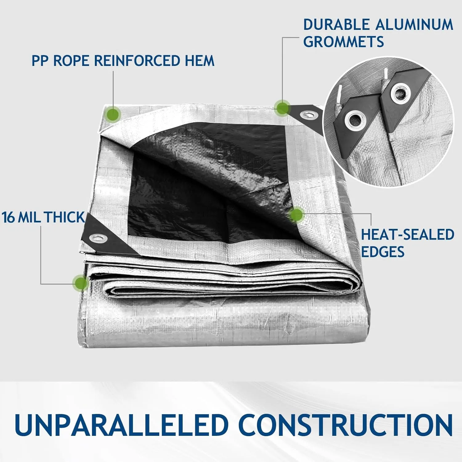 16 Mil Heavy Duty Waterproof Tarps, 10x12 Ft Finished Size Tarps, Premium Tarp with Metal Grommets & Reinforced Edge, Multipurpose Thick Tarp for Car, Boat, Roof, Camping - Silver