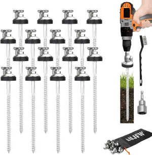 16 Pcs 10" Drillable Threaded Long Hook Top Packs Tent Stakes, Heavy Duty Hardened Steel Ground Pegs for Grassland Garden Tents Canopies Awnings Camping Travel (Hex Tool and Storage Bag)