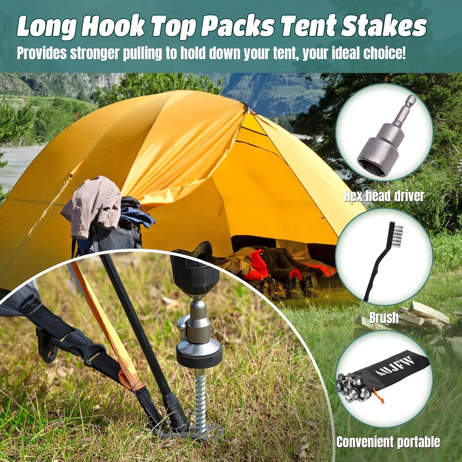 16 Pcs 10" Drillable Threaded Long Hook Top Packs Tent Stakes, Heavy Duty Hardened Steel Ground Pegs for Grassland Garden Tents Canopies Awnings Camping Travel (Hex Tool and Storage Bag)