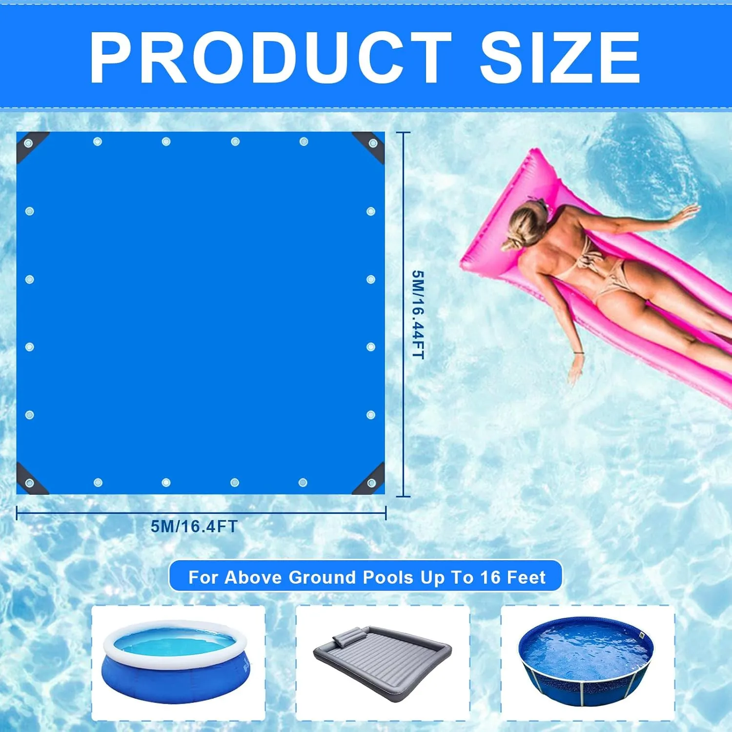 16Ft Square Swimming Pool Ground Cloth, Waterproof Heavy Duty Swimming Pool Liner Pad Ground Cloth Mat for Above Ground Protector Pad Pool Tarp