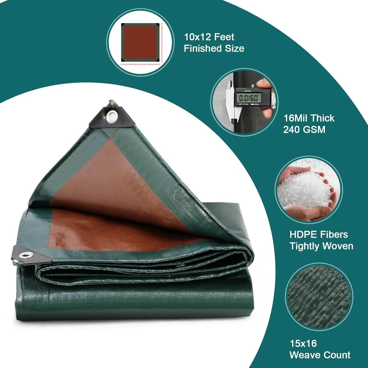 16Mil Finished Size 10x12 Tarp Heavy Duty Waterproof, Large Outdoor Multipurpose Protective Cover (Green/Brown)