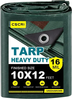 16Mil Finished Size 10x12 Tarp Heavy Duty Waterproof, Large Outdoor Multipurpose Protective Cover (Green/Brown)