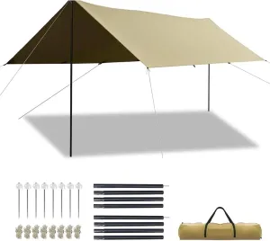 16x11ft Waterproof Camping Tarp with Poles Versatile Hammock Rain Fly Canopy Outdoor Shelter Hiking Picnic Beach Activities