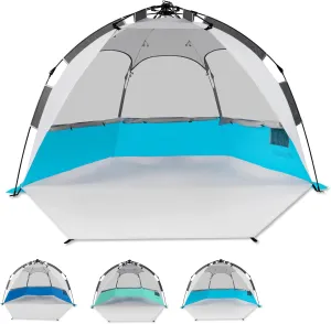2-3 Person Large Instant Pop Up Beach Tent, UV Protection Portable Easy Setup Sun Shade Shelter, Extended Floor with 3 Ventilating Mesh Windows for Outdoor Camping Fishing (Light Blue)