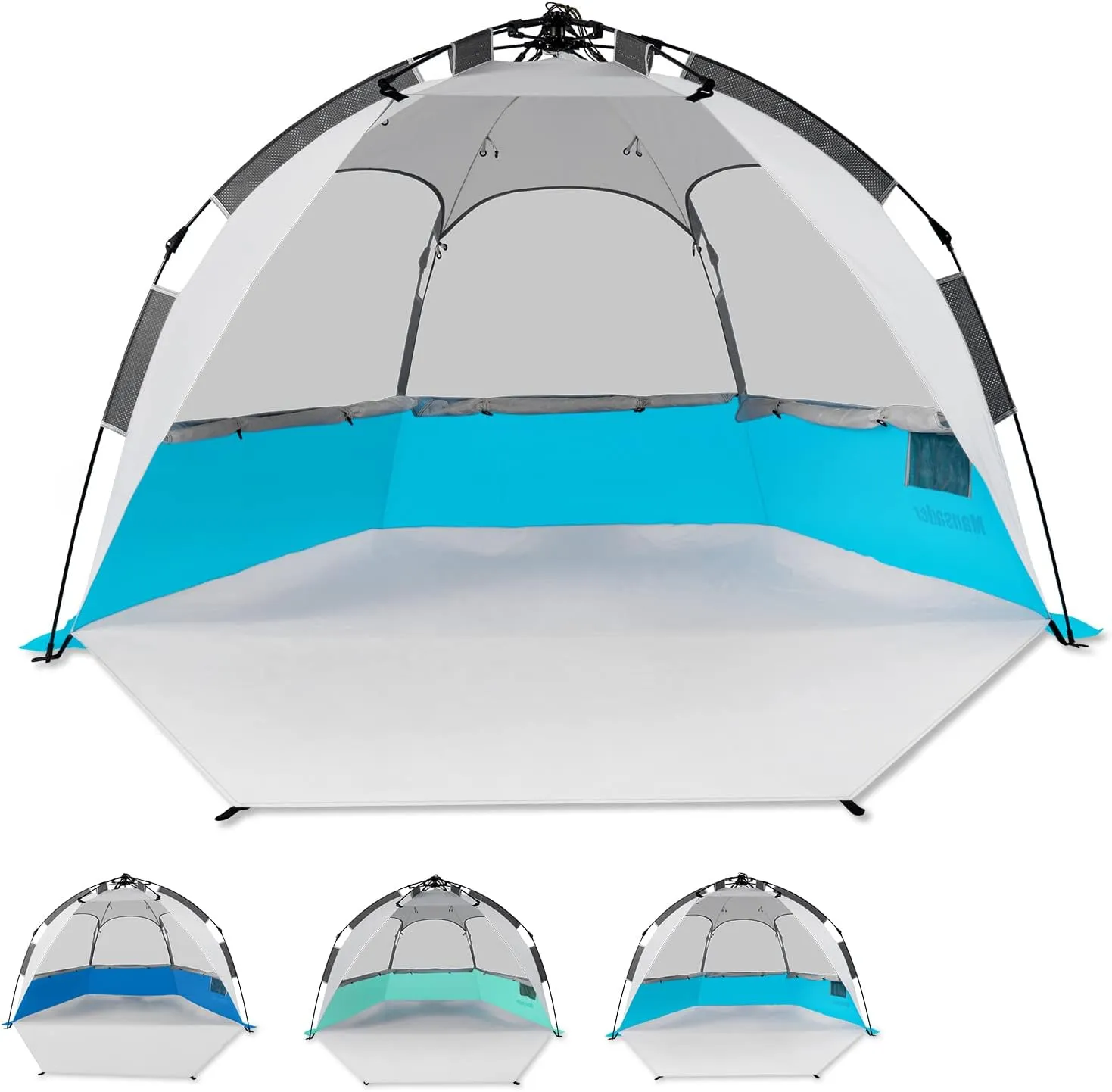 2-3 Person Large Instant Pop Up Beach Tent, UV Protection Portable Easy Setup Sun Shade Shelter, Extended Floor with 3 Ventilating Mesh Windows for Outdoor Camping Fishing (Light Blue)