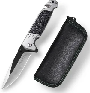 2 Colors EDC Pocket Knife For Men With Holster Everyday Carry Knifes With Clip Bottle Opener Seat Belt Cutter And Glass Breaker Sharp Camping Folding Knives （Black Grey）