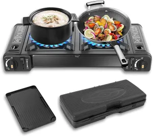 2-in-1 Outdoor Camp Stove, Portable Cooktop with Grill Tray & Storage Case for Camping, BBQs, Tailgating, 3924 BTUs of Power