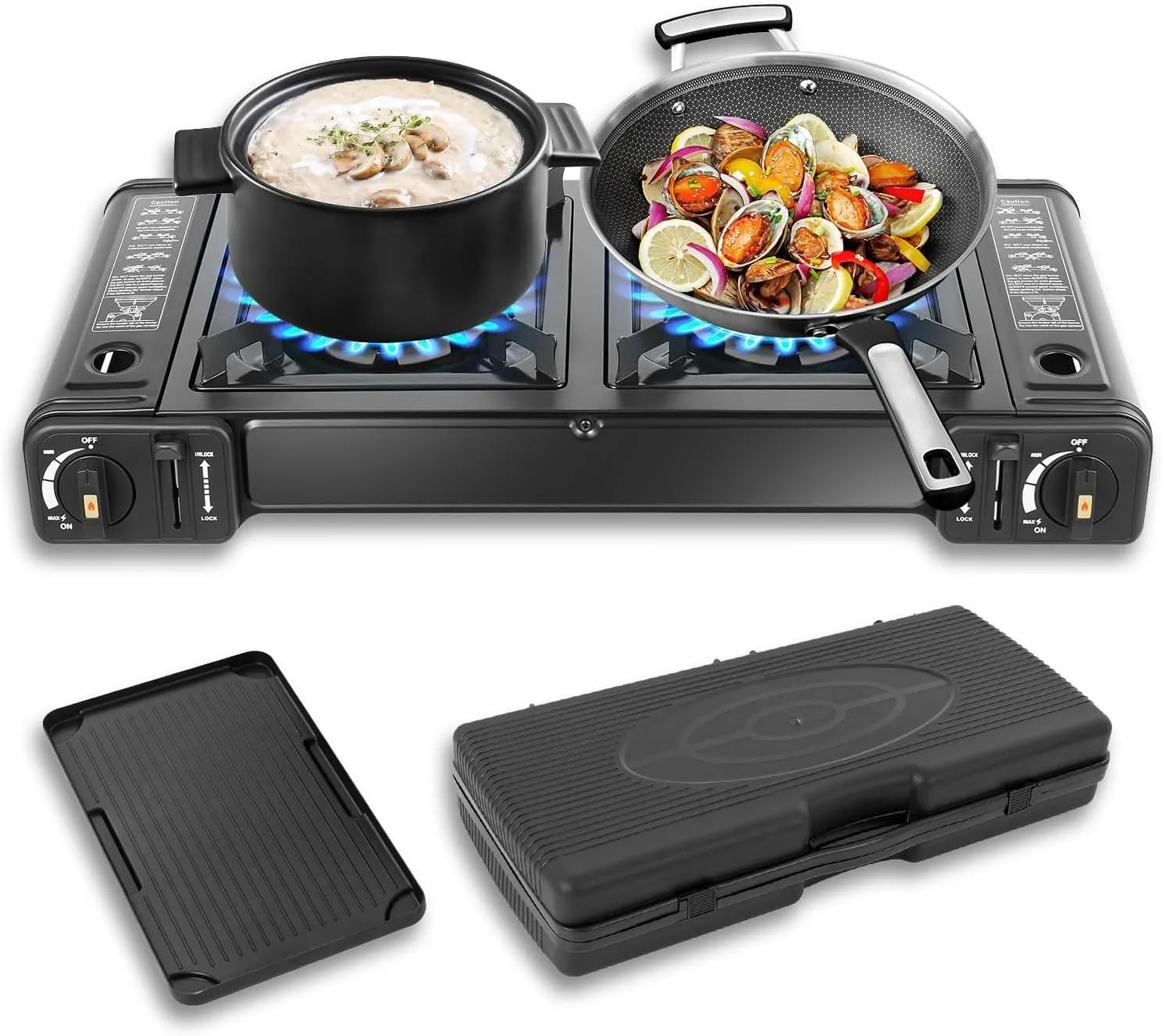 2-in-1 Outdoor Camp Stove, Portable Cooktop with Grill Tray & Storage Case for Camping, BBQs, Tailgating, 3924 BTUs of Power