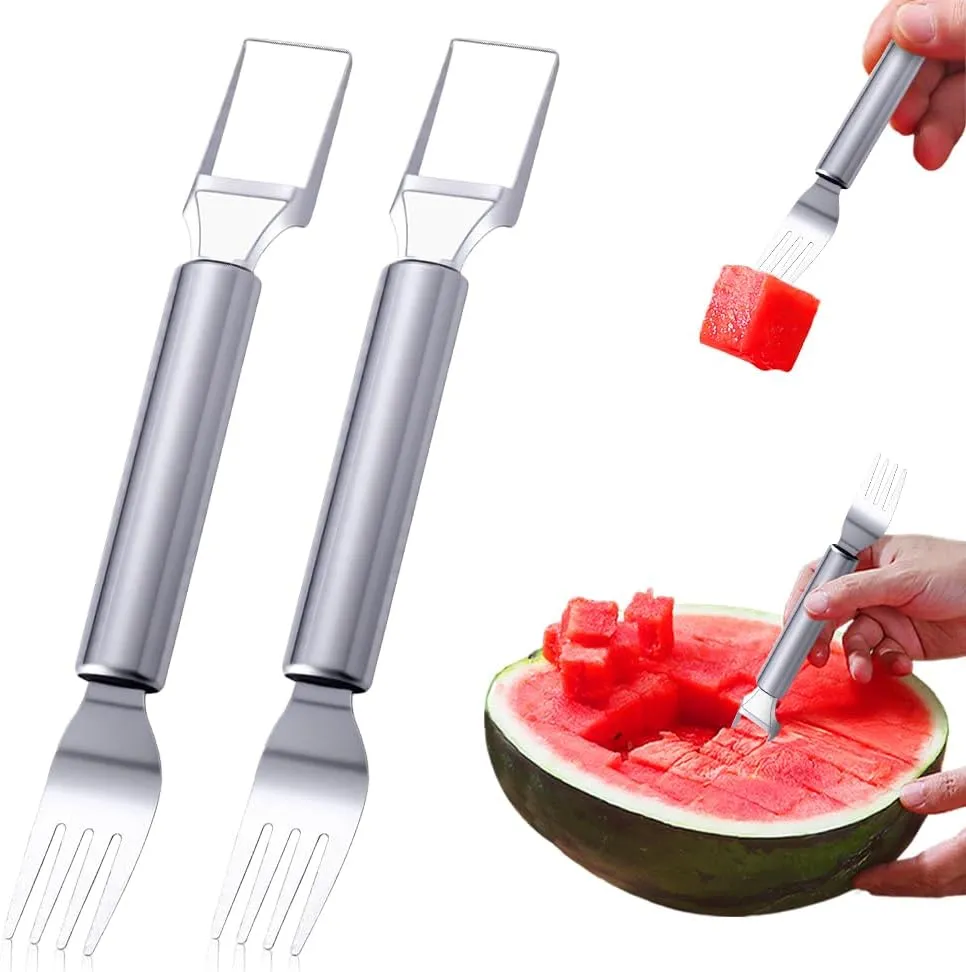 2-in-1 Stainless Steel Fruit Cutter, 2025 New Watermelon Slicer Cutter Tool, Portable Watermelon Fork Slicer Cutter, Dual Head Fruit Knife for Summer Home Party Camping Kitchen Gadgets (2)