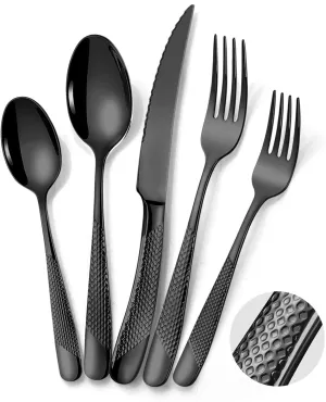 20-Piece Hammered Black Silverware Set for 4 with Serrated Forging Knives,18/10 Stainless Steel Modern Flatware Set,Unique Cutlery Set Spoons and Forks Set,Mirror Polished,Dishwasher Safe