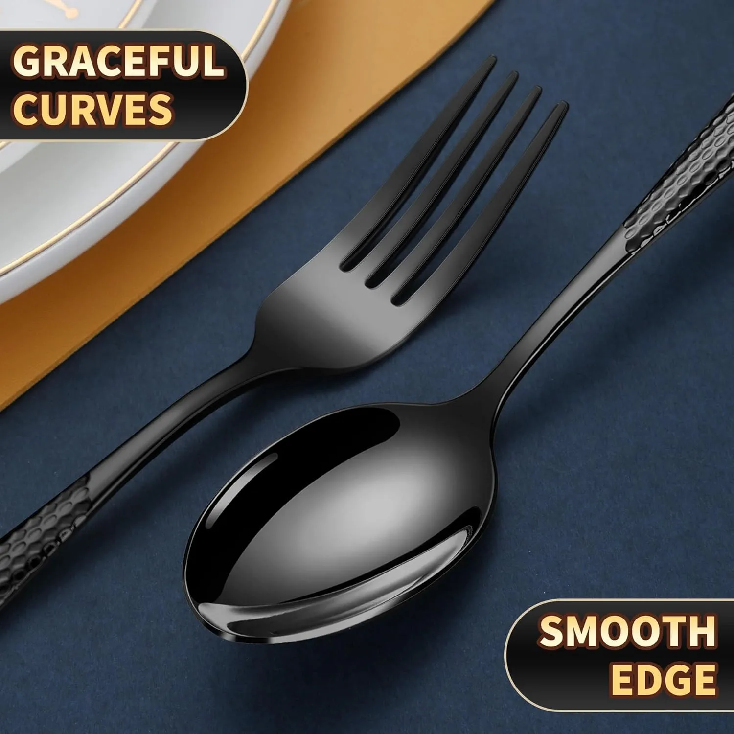 20-Piece Hammered Black Silverware Set for 4 with Serrated Forging Knives,18/10 Stainless Steel Modern Flatware Set,Unique Cutlery Set Spoons and Forks Set,Mirror Polished,Dishwasher Safe