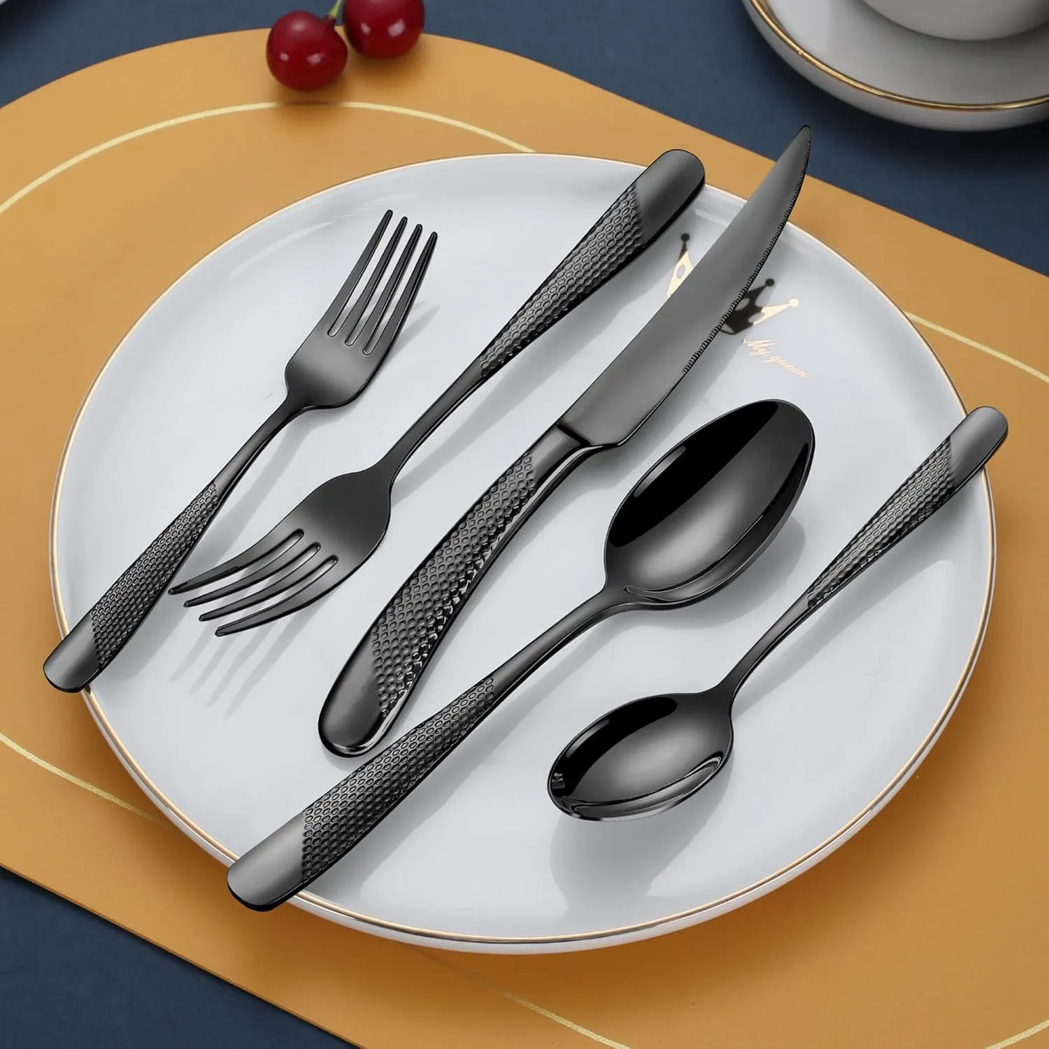 20-Piece Hammered Black Silverware Set for 4 with Serrated Forging Knives,18/10 Stainless Steel Modern Flatware Set,Unique Cutlery Set Spoons and Forks Set,Mirror Polished,Dishwasher Safe
