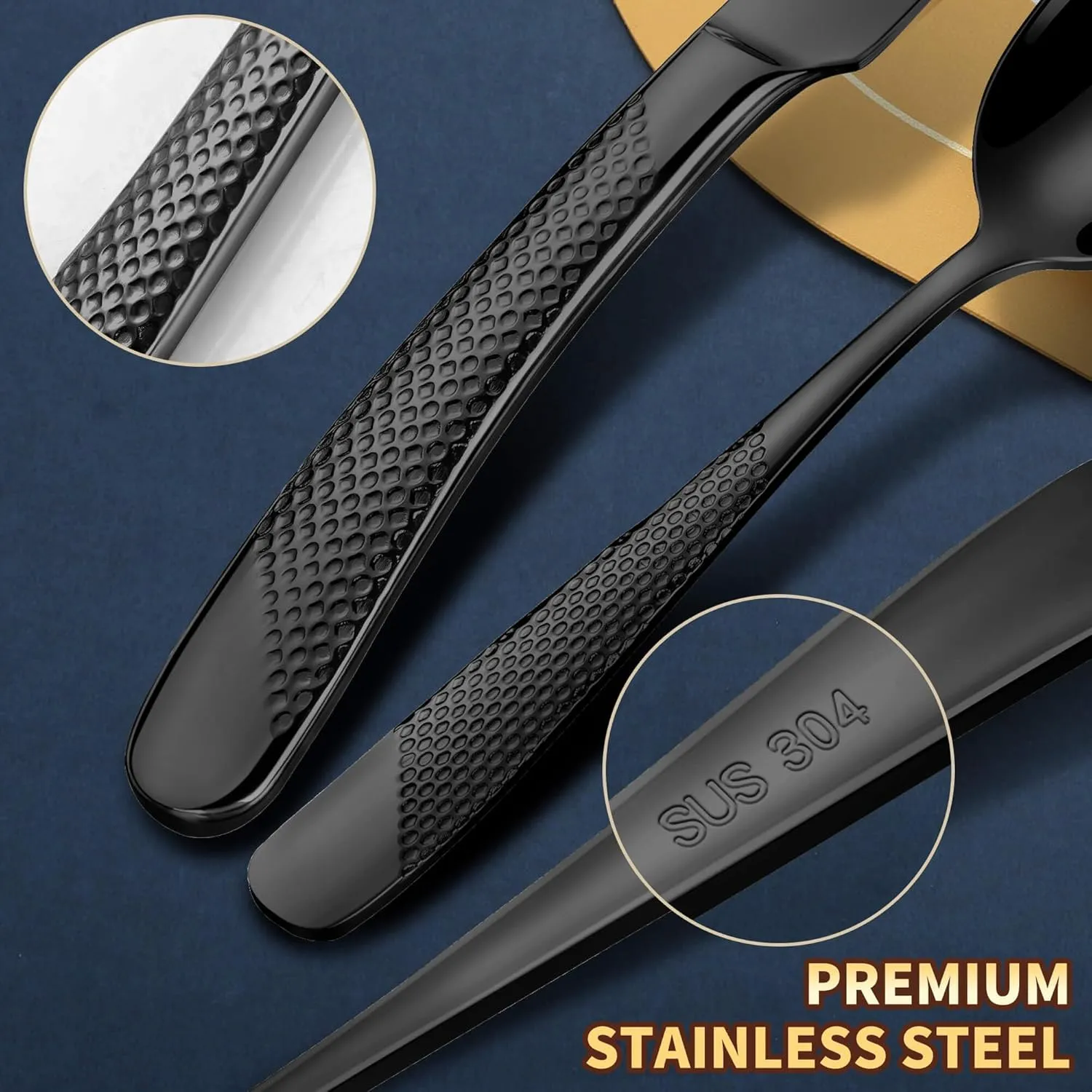 20-Piece Hammered Black Silverware Set for 4 with Serrated Forging Knives,18/10 Stainless Steel Modern Flatware Set,Unique Cutlery Set Spoons and Forks Set,Mirror Polished,Dishwasher Safe