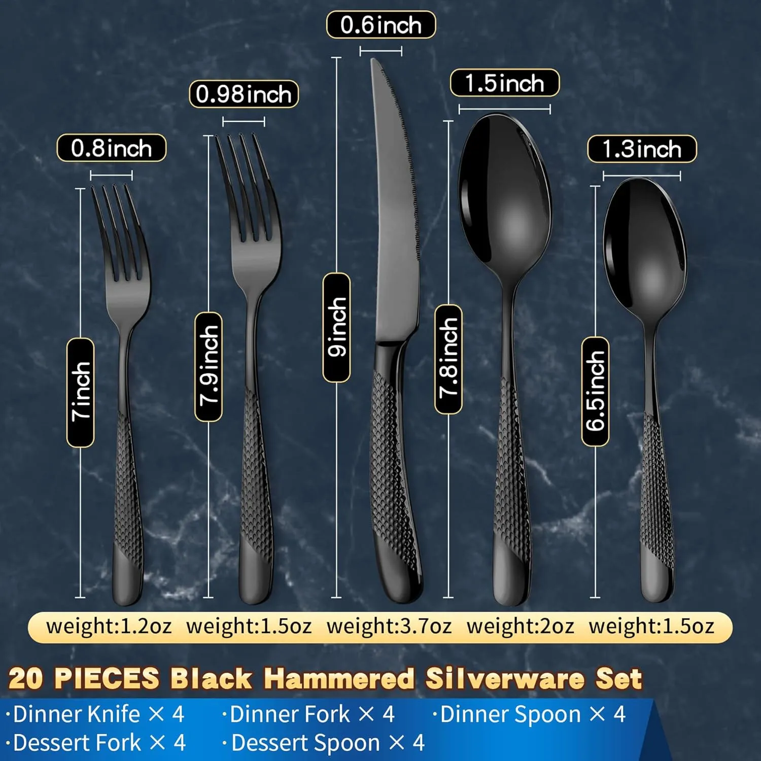 20-Piece Hammered Black Silverware Set for 4 with Serrated Forging Knives,18/10 Stainless Steel Modern Flatware Set,Unique Cutlery Set Spoons and Forks Set,Mirror Polished,Dishwasher Safe