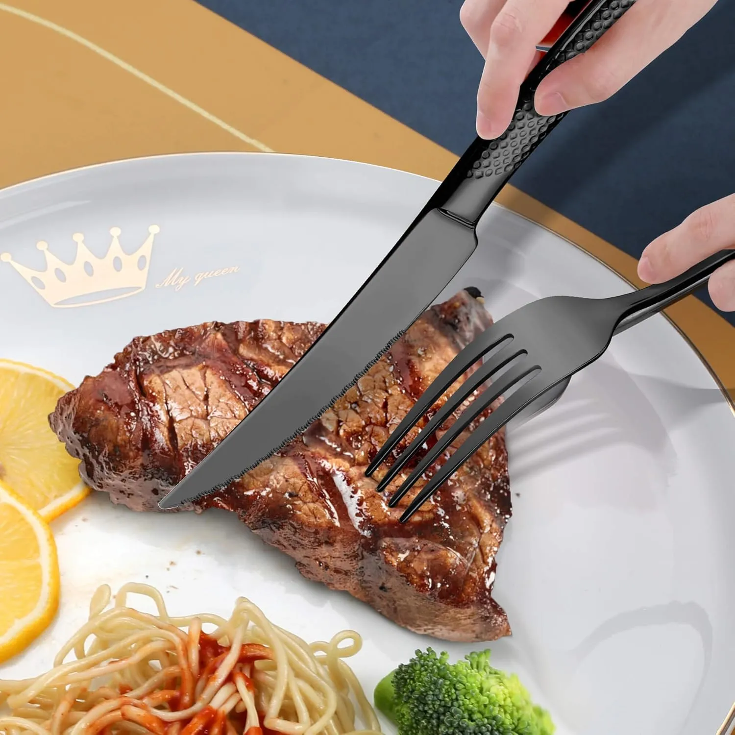 20-Piece Hammered Black Silverware Set for 4 with Serrated Forging Knives,18/10 Stainless Steel Modern Flatware Set,Unique Cutlery Set Spoons and Forks Set,Mirror Polished,Dishwasher Safe