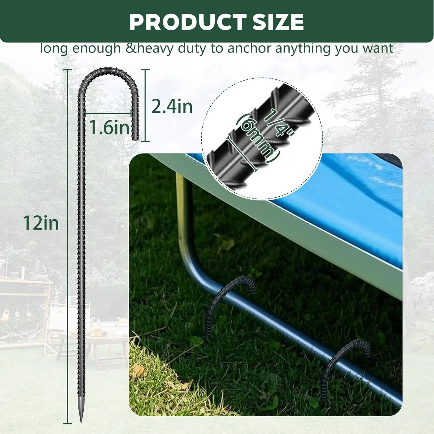 20 Pieces J Hooks Rebar Metal Tent Stakes 12 Inch Galvanized Ground Anchors Yard Stakes for Landscape Fabric Artificial Turf Heavy Duty Anti Rust for Outdoor Lawn Decorations Inflatables Swing Set