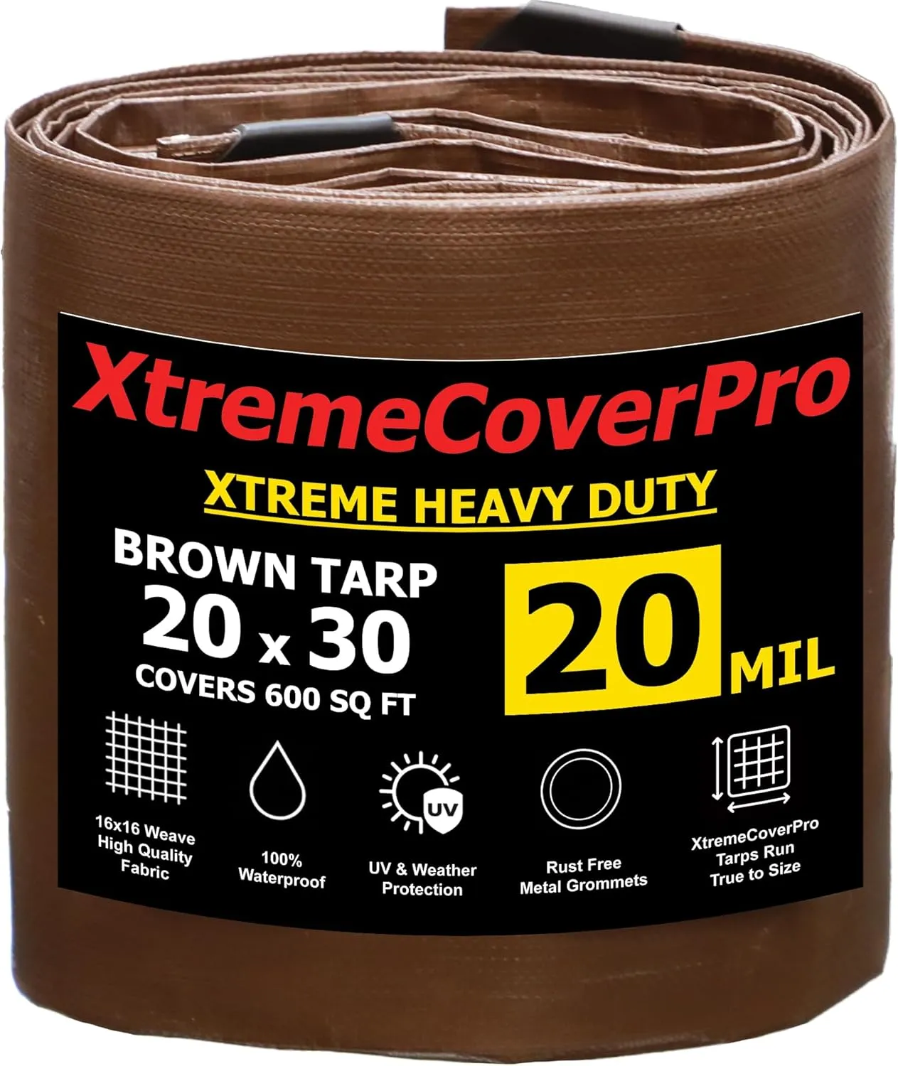 20' x 30' Brown Super Ultra Heavy-Duty Tarp – 20 Mil Waterproof & UV-Resistant 20x30 - Large Outdoor Tarp, Waterproof Cover for Rain Camping, Tent, UV Protection, Reinforced Corners