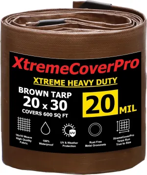 20' x 30' Brown Super Ultra Heavy-Duty Tarp – 20 Mil Waterproof & UV-Resistant 20x30 - Large Outdoor Tarp, Waterproof Cover for Rain Camping, Tent, UV Protection, Reinforced Corners