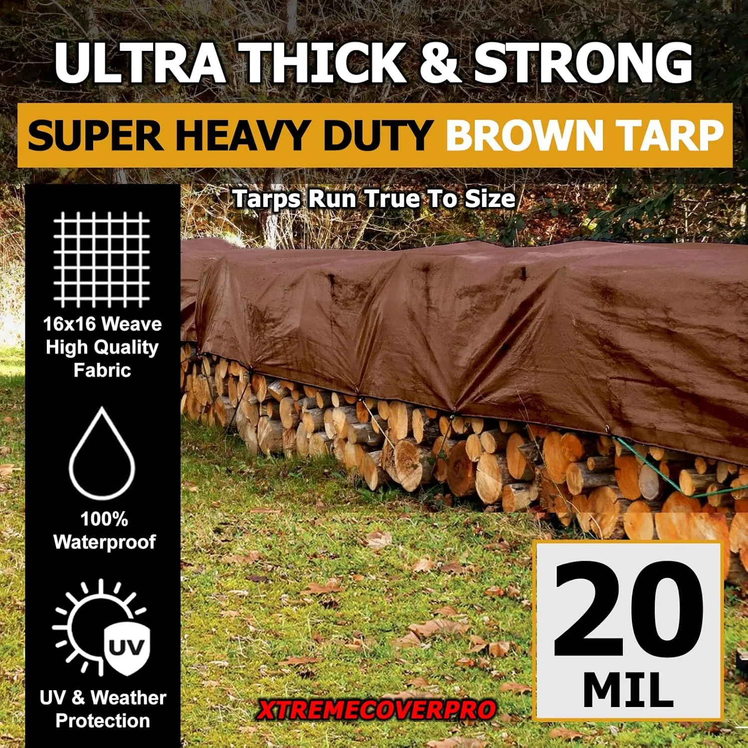 20' x 30' Brown Super Ultra Heavy-Duty Tarp – 20 Mil Waterproof & UV-Resistant 20x30 - Large Outdoor Tarp, Waterproof Cover for Rain Camping, Tent, UV Protection, Reinforced Corners
