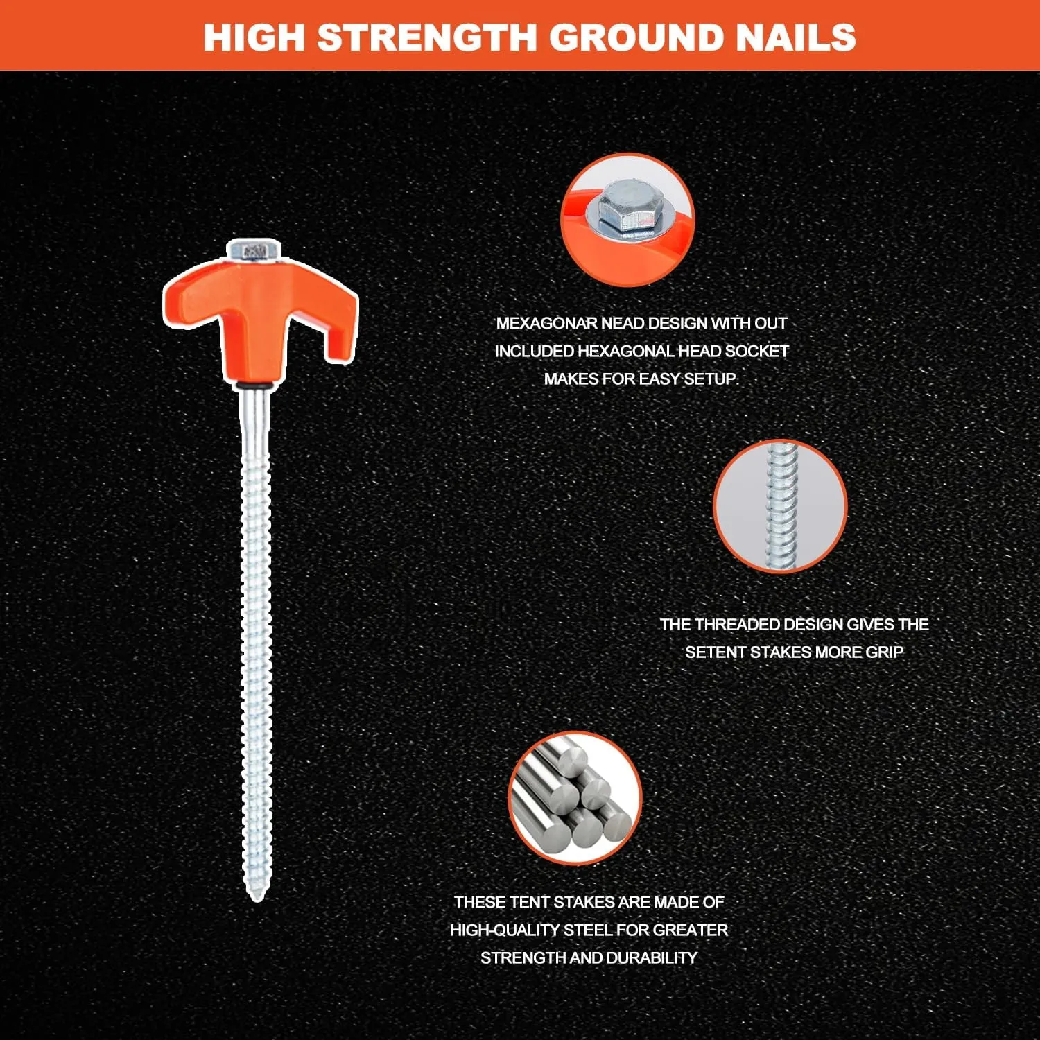 20PCS Camping Tent Stakes Heavy Duty,8 Inch Screw in Tent Stakes Heavy Duty,Nightglow Metal Tent Stakes,with Hex Head Driver,Nail Lifter,Ropes,Orange