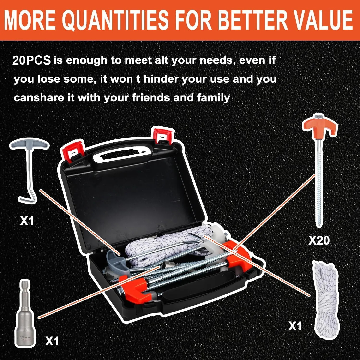 20PCS Camping Tent Stakes Heavy Duty,8 Inch Screw in Tent Stakes Heavy Duty,Nightglow Metal Tent Stakes,with Hex Head Driver,Nail Lifter,Ropes,Orange