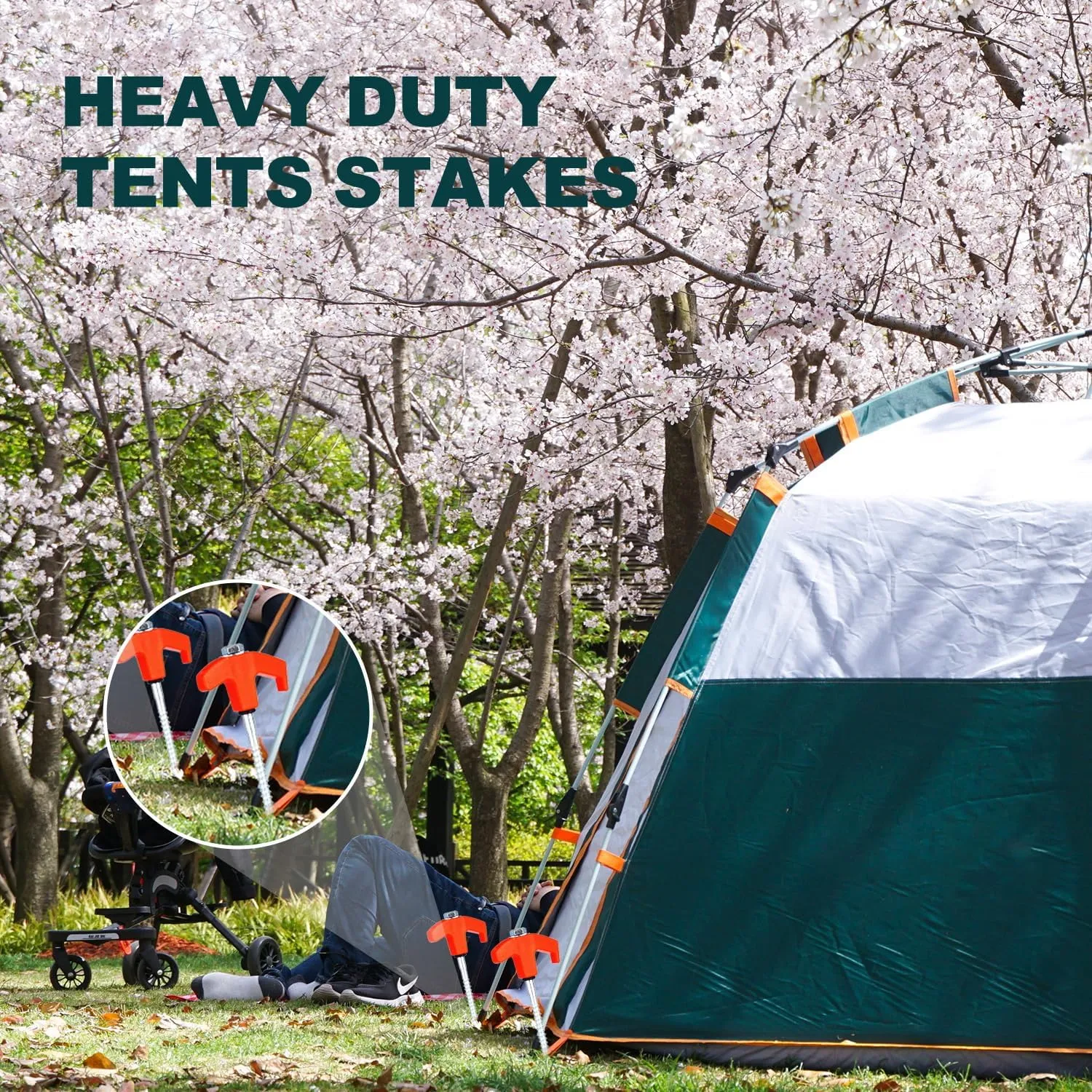 20PCS Camping Tent Stakes Heavy Duty,8 Inch Screw in Tent Stakes Heavy Duty,Nightglow Metal Tent Stakes,with Hex Head Driver,Nail Lifter,Ropes,Orange