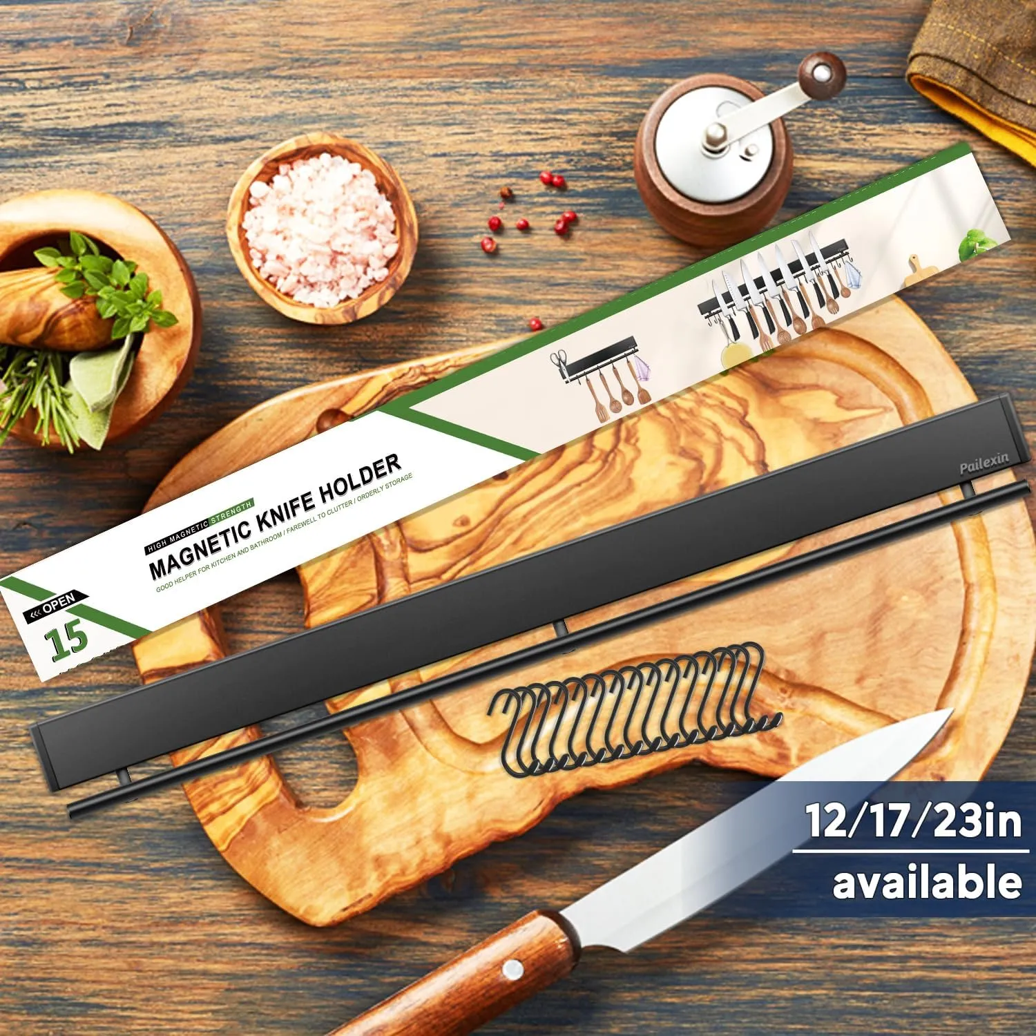 23 inch magnetic knife holder with 15 hooks, No Drilling black knife magnetic strip and utensil hanger for wall, Powerful knife magnet rack include tape and screws