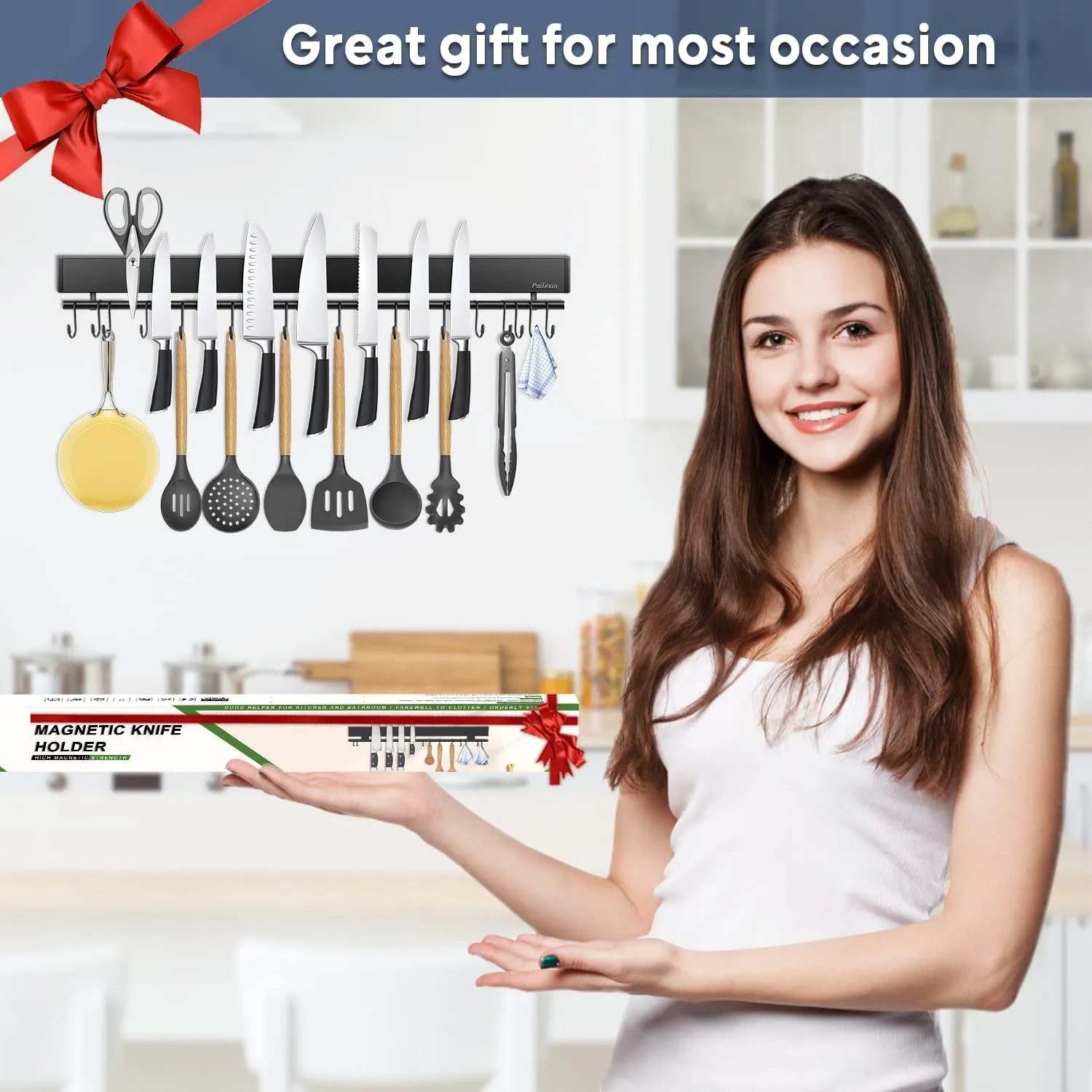 23 inch magnetic knife holder with 15 hooks, No Drilling black knife magnetic strip and utensil hanger for wall, Powerful knife magnet rack include tape and screws