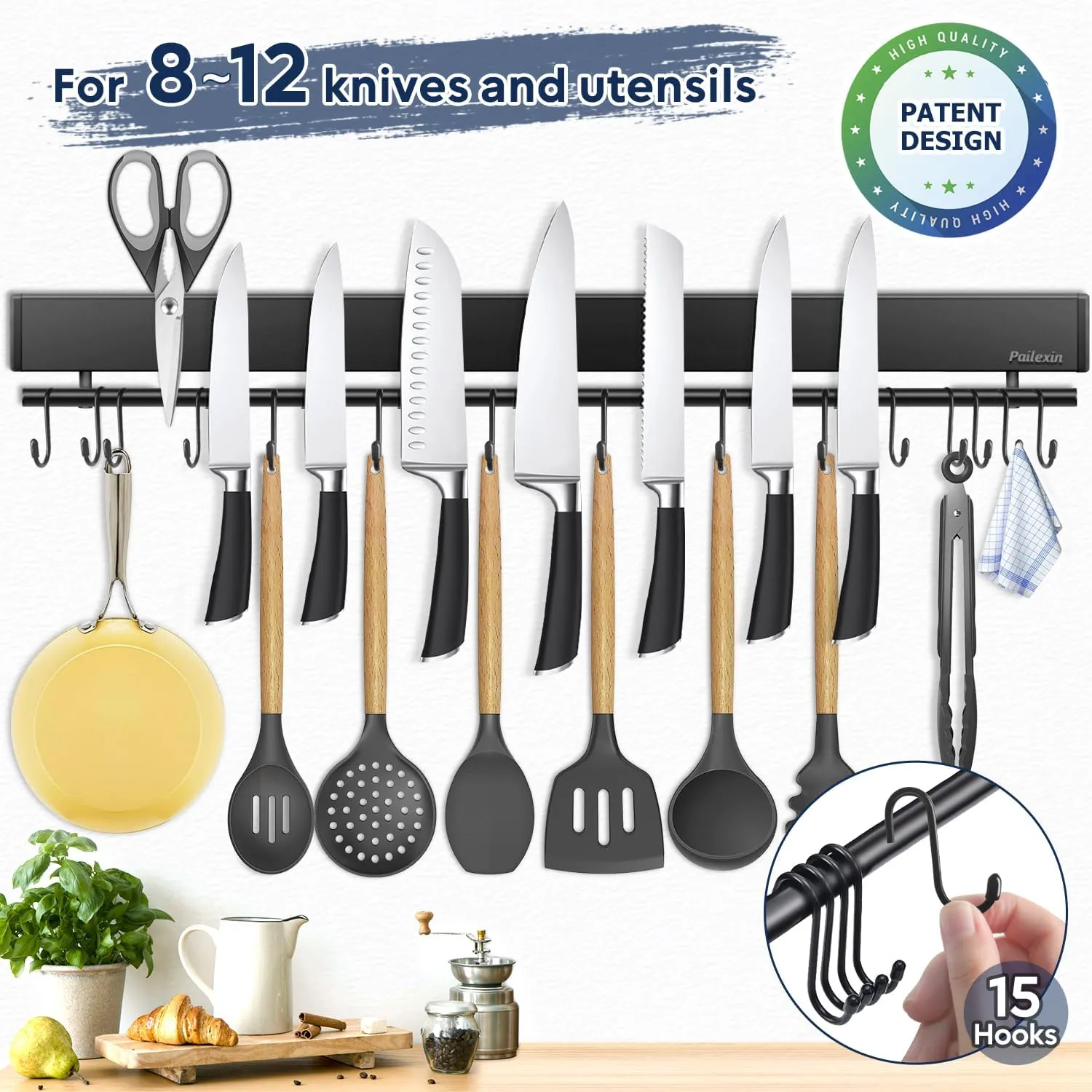 23 inch magnetic knife holder with 15 hooks, No Drilling black knife magnetic strip and utensil hanger for wall, Powerful knife magnet rack include tape and screws