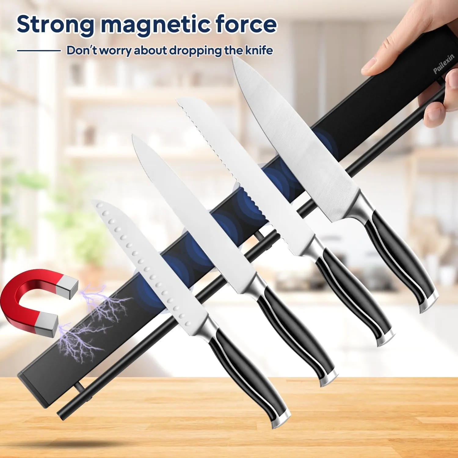23 inch magnetic knife holder with 15 hooks, No Drilling black knife magnetic strip and utensil hanger for wall, Powerful knife magnet rack include tape and screws