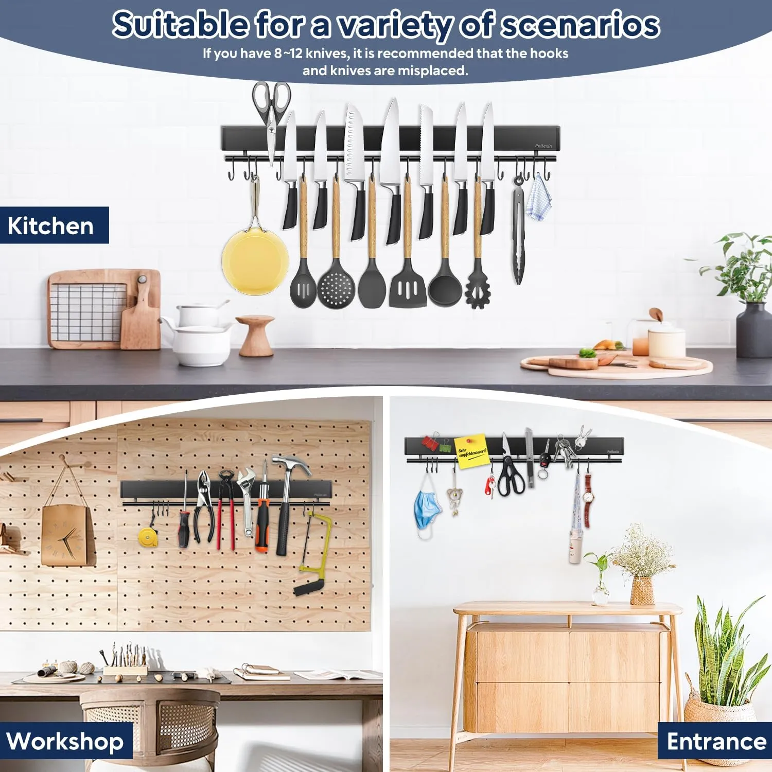 23 inch magnetic knife holder with 15 hooks, No Drilling black knife magnetic strip and utensil hanger for wall, Powerful knife magnet rack include tape and screws