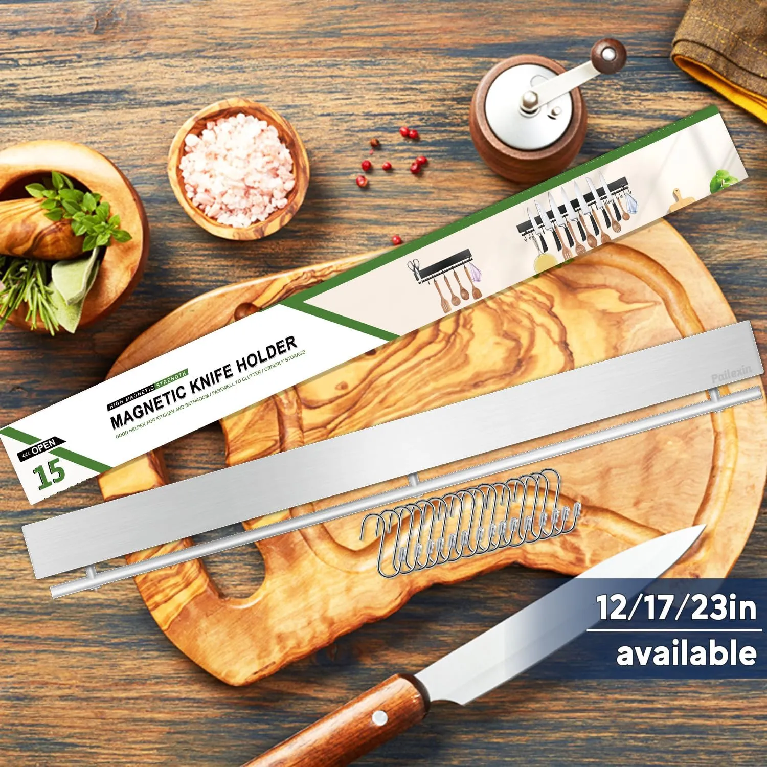 23 inch magnetic knife holder with 15 hooks, No Drilling knife magnetic strip and utensil hanger for wall, Powerful knife magnet rack include tape and screws