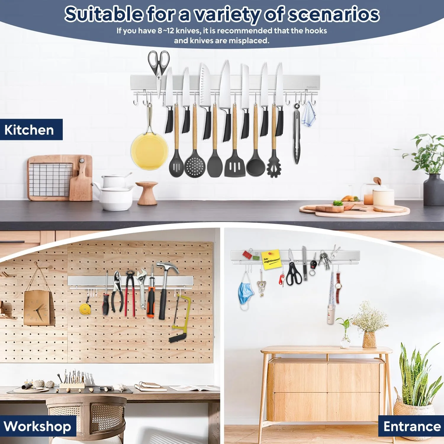 23 inch magnetic knife holder with 15 hooks, No Drilling knife magnetic strip and utensil hanger for wall, Powerful knife magnet rack include tape and screws