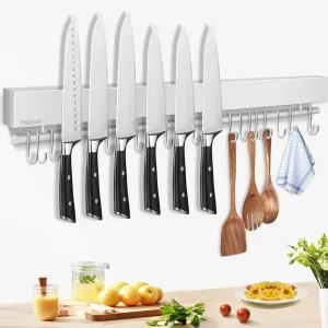 23 inch magnetic knife holder with 15 hooks, No Drilling knife magnetic strip and utensil hanger for wall, Powerful knife magnet rack include tape and screws