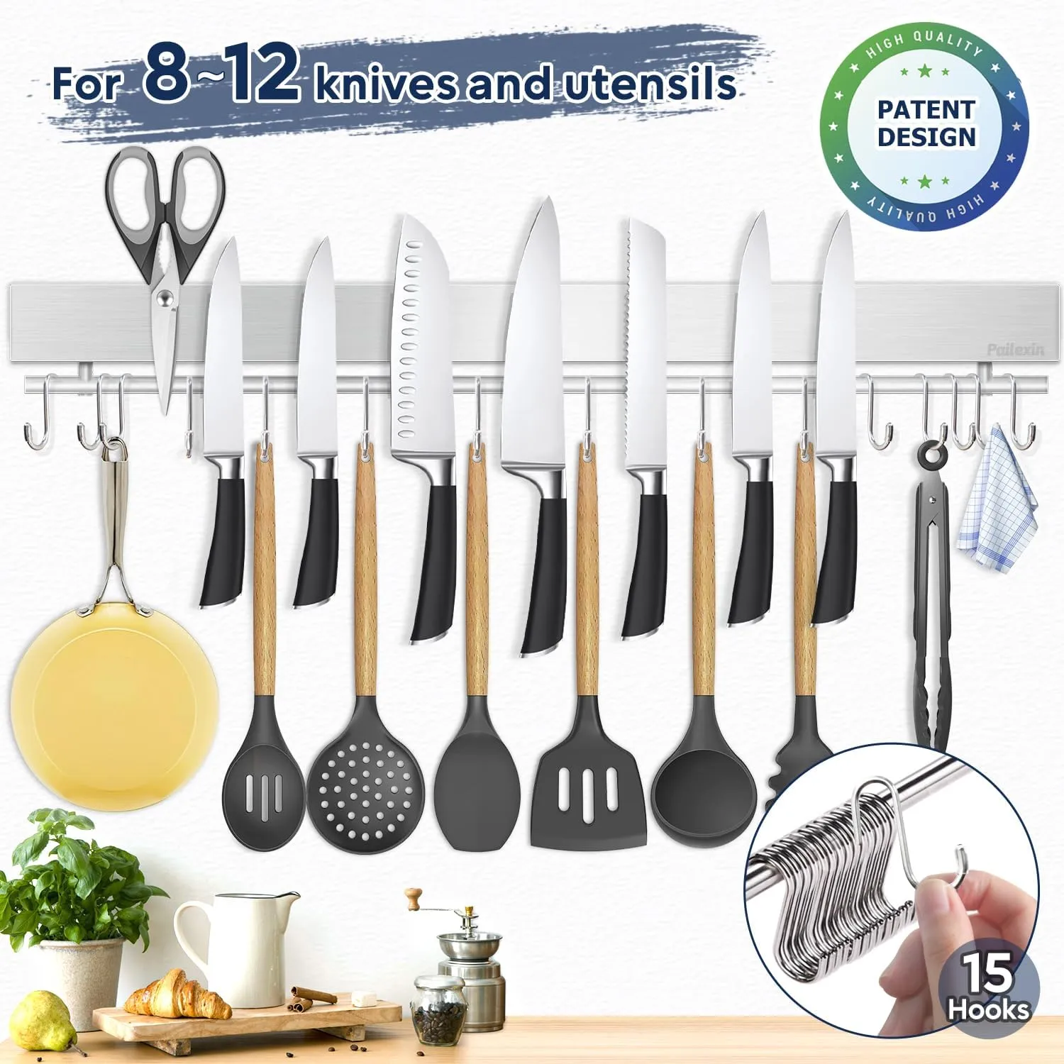 23 inch magnetic knife holder with 15 hooks, No Drilling knife magnetic strip and utensil hanger for wall, Powerful knife magnet rack include tape and screws