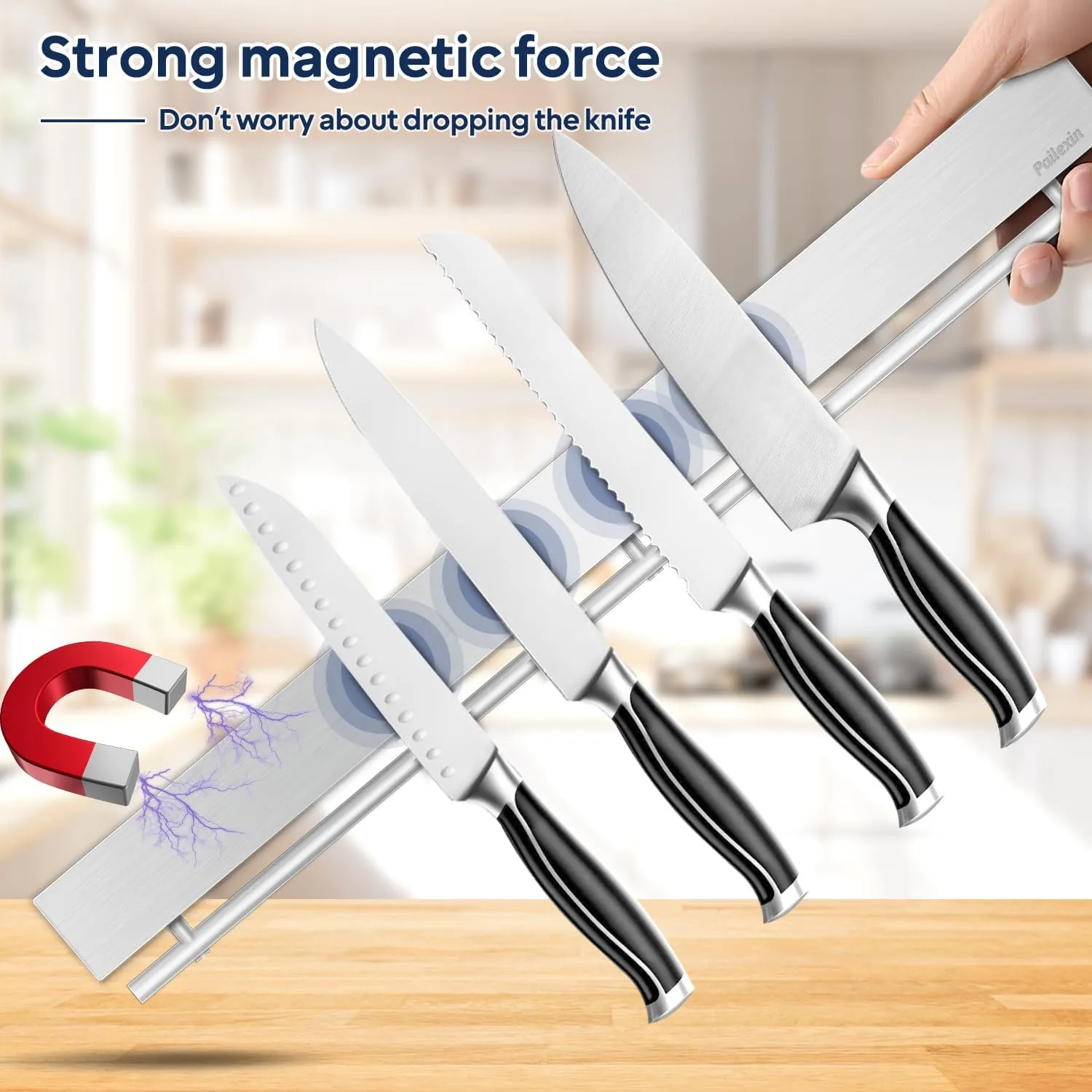 23 inch magnetic knife holder with 15 hooks, No Drilling knife magnetic strip and utensil hanger for wall, Powerful knife magnet rack include tape and screws