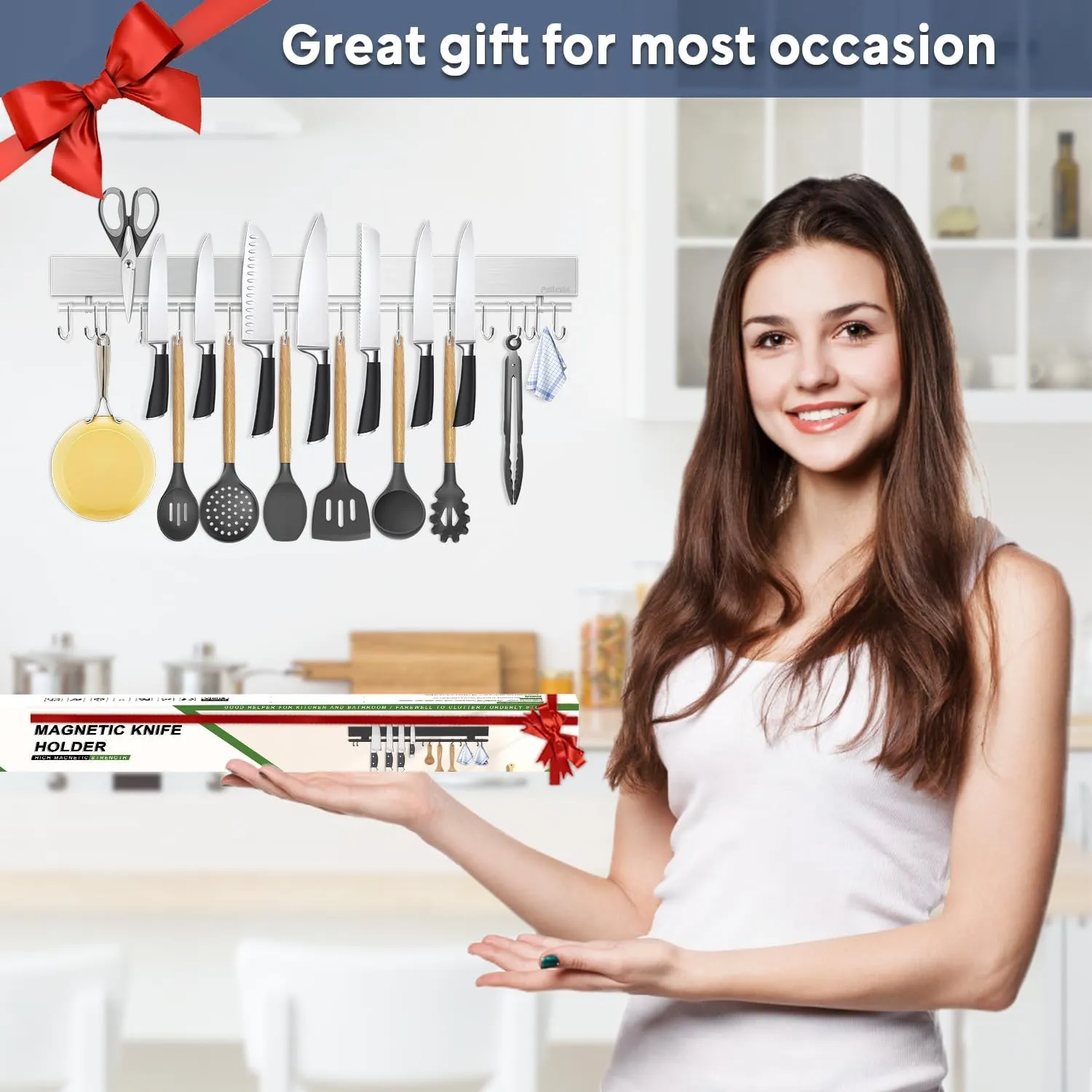 23 inch magnetic knife holder with 15 hooks, No Drilling knife magnetic strip and utensil hanger for wall, Powerful knife magnet rack include tape and screws