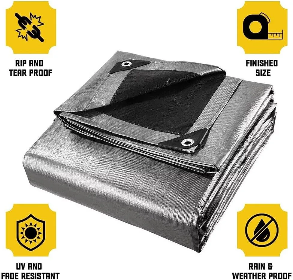 24 x 30ft Tarps Heavy Duty Thick Waterproof, Poly Canopy Silver   Black Tent Shelter Cover, 18 Mil Tarpaulin Shade, Rip and Tear Proof, UV Resistant Tarpaulin with Grommets and Reinforced Edges