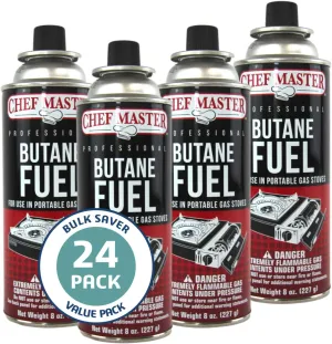 24 x 8oz. Butane Fuel Canister, Tin Canister for Outdoor Cooking & Grill, Tailgating, Camping Essentials, Butane Fuel Refill for Kitchen Torch, Portable Stove, Portable Camp Stove by Chef Master 90340