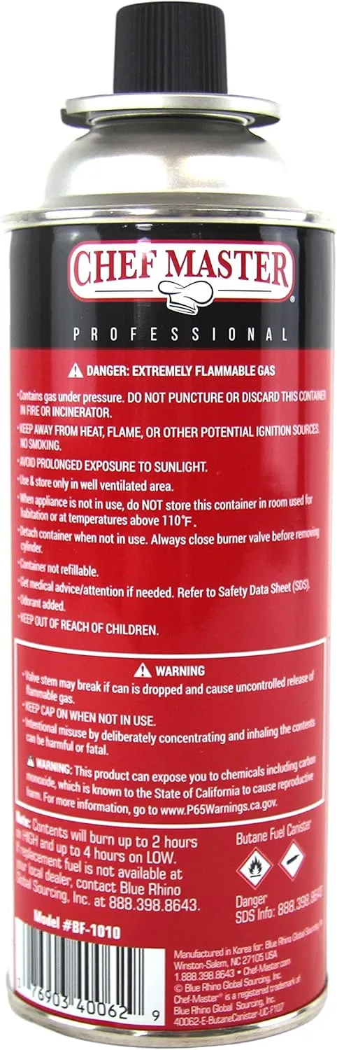 24 x 8oz. Butane Fuel Canister, Tin Canister for Outdoor Cooking & Grill, Tailgating, Camping Essentials, Butane Fuel Refill for Kitchen Torch, Portable Stove, Portable Camp Stove by Chef Master 90340